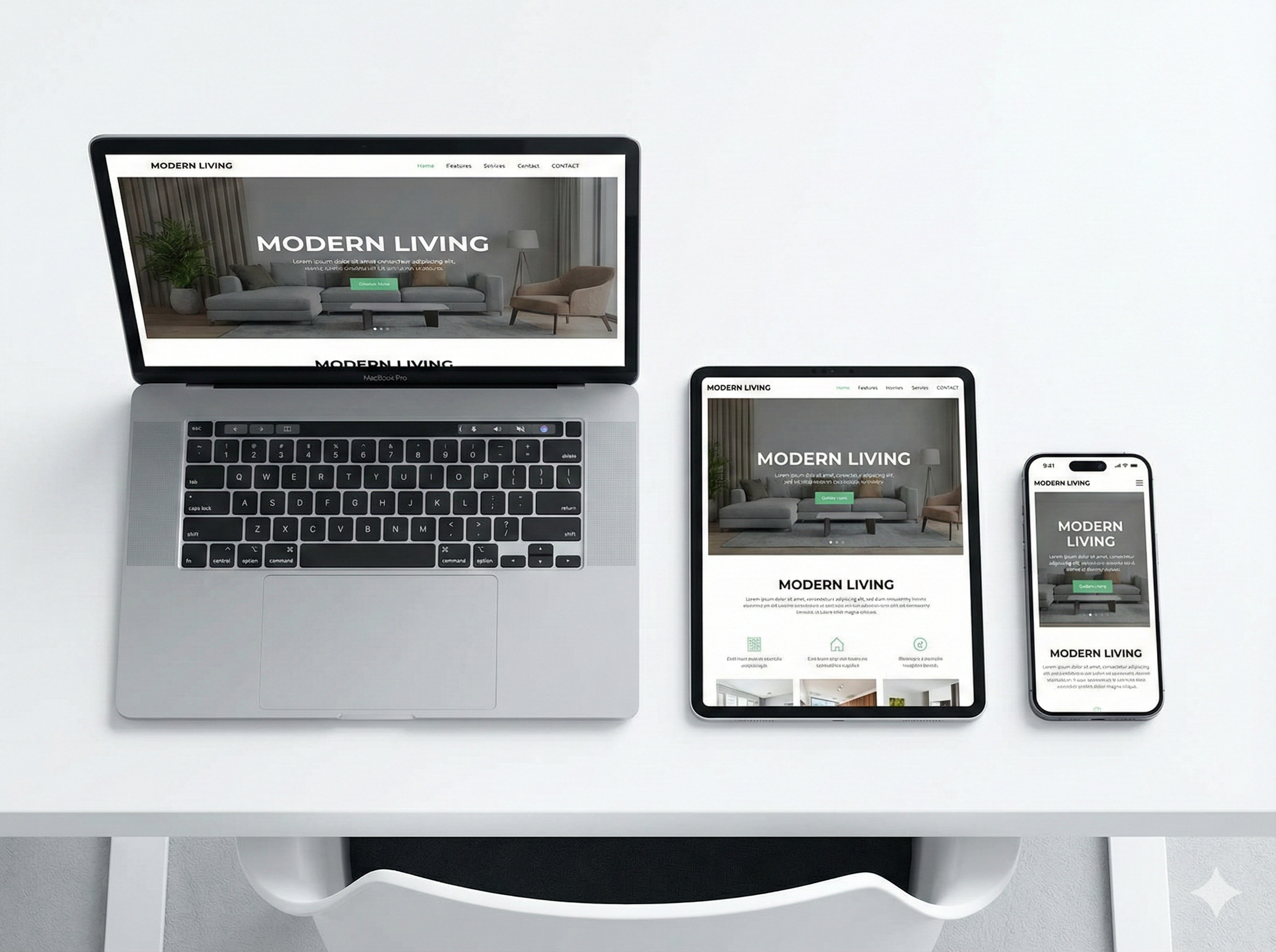 レスポンシブ対応ホームページ - PC・タブレット・スマホ表示例